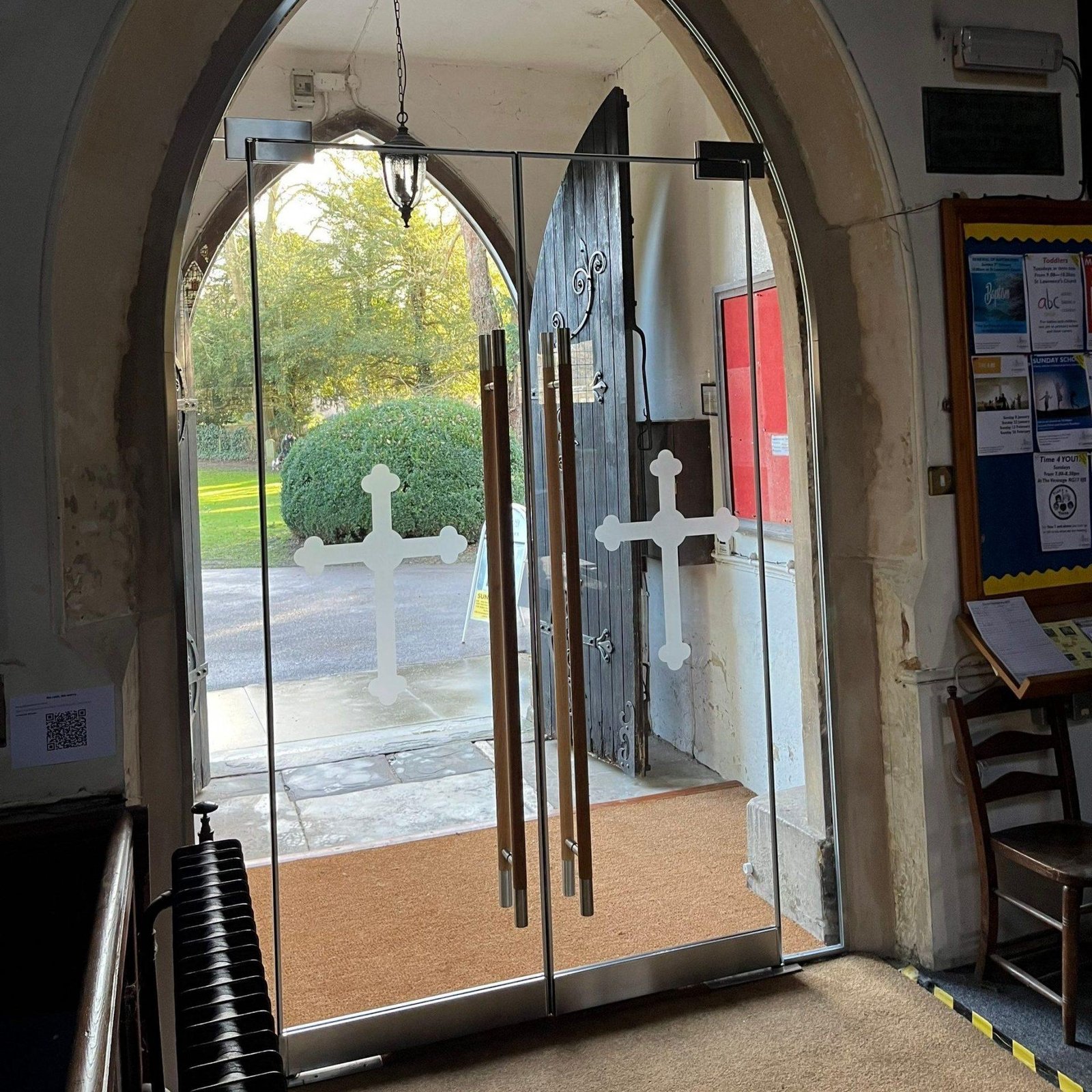 Inside View of Frameless Glass Doors at St Lawrence Church
