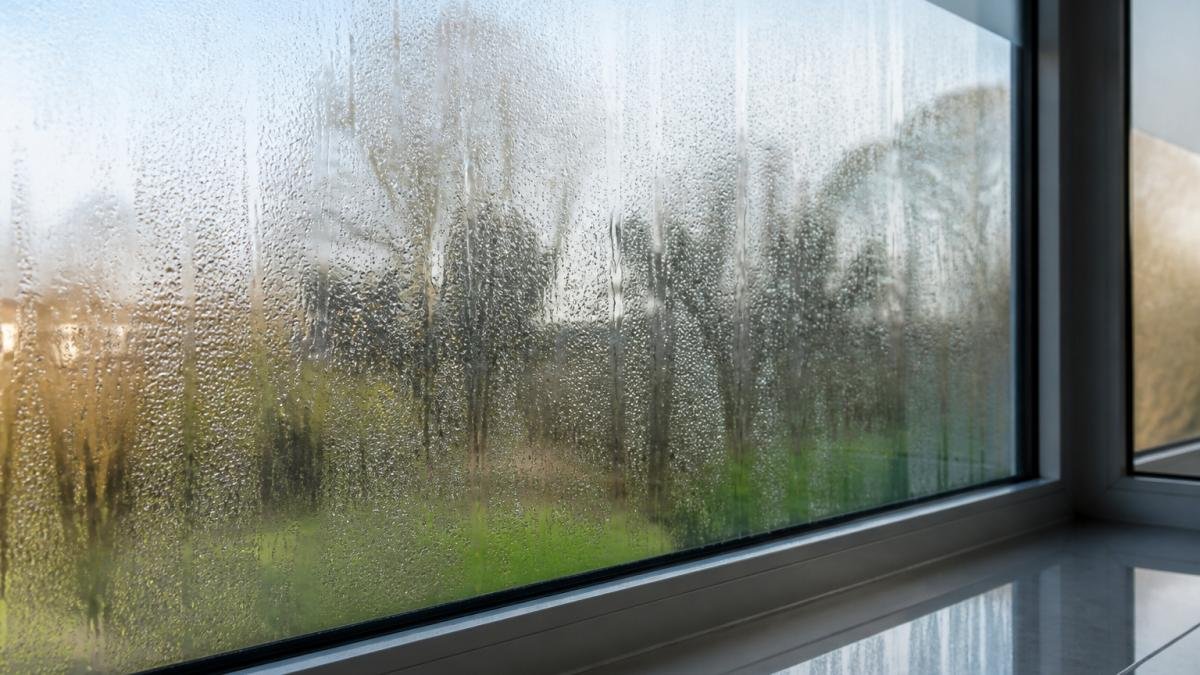 Close-up of condensation droplets beading on the interior surface of a glass extension window on a cold morning, with water streaking down the glass and a blurred garden view behind